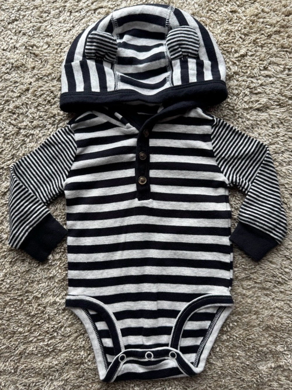 Carter’s 3M Striped Hooded Bear Ear Long Sleeve Bodysuit Black White